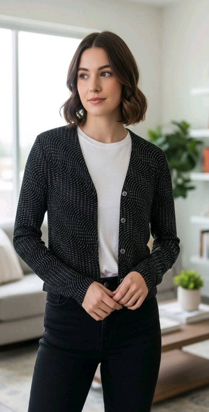 Ronni Nicole 1990s Vtg Black Sparkle Cropped Cardigan
